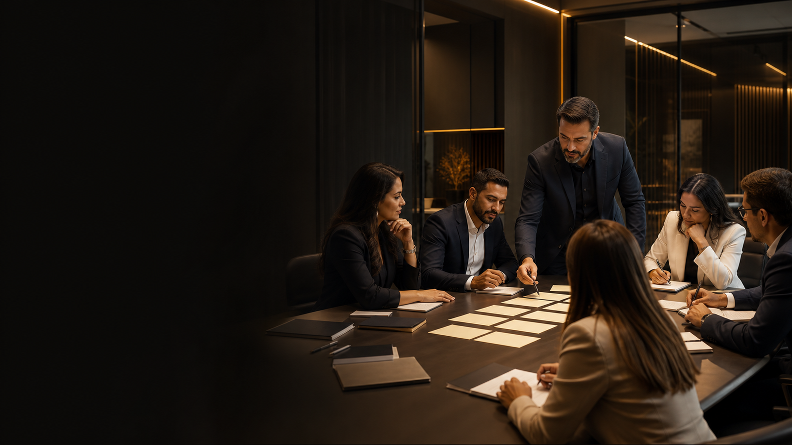 Equipe executiva em treinamento corporativo com planejamento de acoes